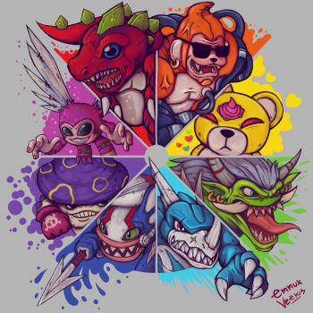 Rule 34 | digimon, digimon (creature), etemon, etemon chaos, hangyomon, highres, lance, monzaemon, mushmon, open mouth, orgemon, picklemon, polearm, sharp teeth, teeth, tyranomon, v-dramon, weapon