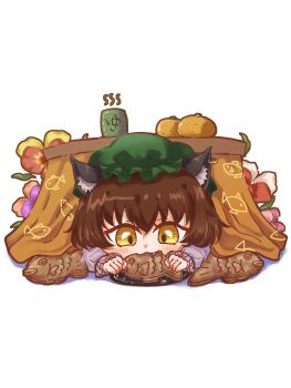 1girl a16850155 absurdres animal_ear_fluff animal_ears animal_print biting brown_hair cat_ears character_request chibi cup deformed fang fish_(food) fish_print flower frilled_sleeves frills green_hat hat highres long_sleeves lying on_stomach plate potato simple_background solo tablecloth touhou under_table white_background yellow_eyes