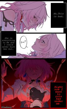 2girls black_bra black_gloves blue_eyes blush bra cesar_zebrah closed_mouth commentary dual_persona earrings english_commentary english_text evernight_(honkai:_star_rail) gloves grabbing_another&#039;s_breast groping highres honkai:_star_rail honkai_(series) jewelry march_7th_(honkai:_star_rail) multiple_girls open_clothes open_shirt paid_reward_available parted_lips pink_hair red_eyes selfcest shirt speech_bubble sweat underwear white_shirt yuri