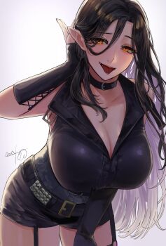 1girl asymmetrical_legwear belt black_choker black_corset black_hair breast_zipper breasts choker commentary_request corset dominatrix embroidery frilled_corset frills highres huge_breasts lace lace-trimmed_thighhighs lace_trim leather_shorts long_hair looking_at_viewer multicolored_hair nekotokage nijisanji orange_eyes pointy_ears shirayuki_tomoe shirayuki_tomoe_(bondage) shorts smile thighhighs virtual_youtuber