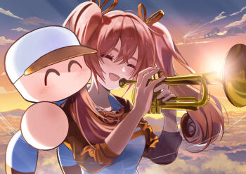 Rule 34 | 1boy, 1girl, baseball cap, brown eyes, closed eyes, curled ends, gradient sky, hair behind ear, hair rings, hat, holding, holding instrument, holding trumpet, instrument, jacket, jikkyou powerful pro yakyuu, jikkyou powerful pro yakyuu (style), long hair, manager, multicolored jacket, no mouth, on shoulder, open mouth, orange jacket, orange sky, otobuki kanade, power pro kun, rayman limbs, sky, teeth, track jacket, trumpet, twintails, upper teeth only, white hat, white jacket, zyuma