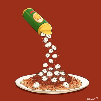 Rule 34 | animal focus, can, cheese, commentary, english commentary, food, food-themed creature, food focus, hamster, no humans, noodles, original, parmesan cheese, pasta, plate, red background, simple background, spaghetti, upiupisyo, white fur