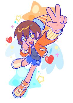 1boy 2g7oo :d alternate_costume androgynous arm_up bare_legs blue_shorts blue_wings brown_eyes brown_hair commentary_request dark-skinned_male dark_skin deformed dot_nose double-parted_bangs eyebrows_hidden_by_hair foreshortening from_above full_body grey_shirt hair_between_eyes hand_on_own_cheek hand_on_own_face hand_up happy_birthday hat heart highres hood hood_down hooded_jacket jacket kel_(faraway)_(omori) kel_(omori) korean_commentary long_sleeves looking_at_viewer male_focus no_socks omori open_clothes open_jacket open_mouth orange_hat orange_jacket orange_shoes outstretched_arm party_hat puffy_long_sleeves puffy_sleeves shirt shoes short_hair shorts simple_background smile solo sparkle standing standing_on_one_leg star-shaped_pupils star_(symbol) star_print star_symbol_background striped_clothes striped_hat striped_headwear symbol-shaped_pupils two-tone_hat two-tone_headwear w white_background wings yellow_hat yellow_hood yellow_pupils