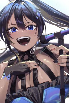 1girl :d absurdres bare_shoulders black_gloves black_hair blonde_hair blue_dress blue_eyes blush breasts cleavage colored_inner_hair commentary dark-skinned_female dark_skin dress earrings fingerless_gloves fujisaki_subaru gloves goddess_of_victory:_nikke high_ponytail highres holding holding_microphone_stand jewelry large_breasts long_hair looking_at_viewer microphone microphone_stand multicolored_hair multicolored_nails noise_(nikke) open_mouth ponytail smile solo teeth two-tone_hair