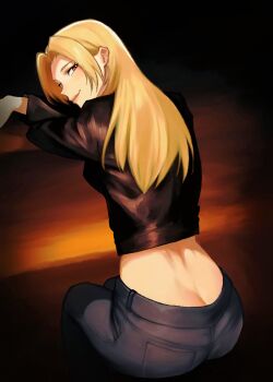 1girl absurdres ass back blonde_hair blush commentary denim from_behind highres jacket jeans jujutsu_kaisen leather leather_jacket long_hair looking_back pants sira_(si12o2) sitting solo tsukumo_yuki_(jujutsu_kaisen)