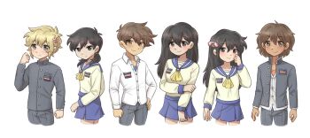 absurdres alternate_costume alternate_eye_color alternate_hairstyle alternate_universe antenna_hair aubrey_(faraway)_(omori) aubrey_(omori) basil_(faraway)_(omori) basil_(omori) black_eyes black_hair black_pants blonde_hair blue_eyes blue_skirt blush bow breasts brother_and_sister brothers brown_eyes brown_hair closed_mouth collarbone collared_shirt commentary corpse_party double-parted_bangs english_commentary flower hair_between_eyes hair_bow hair_flower hair_ornament hero_(faraway)_(omori) hero_(omori) highres kel_(faraway)_(omori) kel_(omori) kisaragi_academy_school_uniform long_hair long_sleeves looking_at_viewer low_twintails mari_(faraway)_(omori) mari_(omori) medium_breasts omori pants pink_bow school_uniform serafuku setosexual shirt short_hair short_twintails siblings sidelocks simple_background skirt smile sunny_(omori) twintails white_background white_shirt