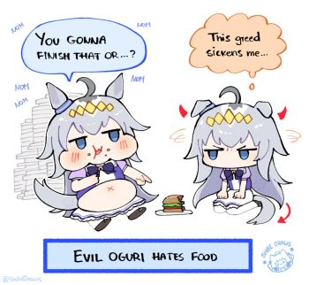 2girls ahoge animal_ears belly bloated blue_eyes bow burger cheek_bulge crumbs demon_horns demon_tail dual_persona ear_ornament english_text food full_stomach glutton grey_hair grey_tail hair_between_eyes hair_ornament hairband horns horse_ears horse_girl horse_tail long_hair multicolored_hair multiple_girls oguri_cap_(umamusume) open_mouth plate puffy_short_sleeves puffy_sleeves purple_bow purple_serafuku purple_shirt sailor_collar sailor_shirt school_uniform seiza serafuku shibedraws shirt short_sleeves sitting skirt speech_bubble stomach tail tracen_school_uniform umamusume white_sailor_collar white_skirt