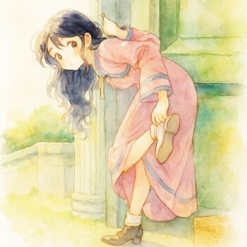 1girl blue_hair blush closed_mouth curly_hair dress full_body long_hair looking_at_viewer lunar lunar:_the_silver_star mia_ausa pink_dress solo