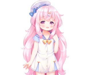 1girl ahoge blue_bow blue_sailor_collar blue_sleeves blush bow bowtie buttons cowboy_shot crossed_bangs dot_nose dress game_cg hand_up harem_futago_lolita hat hat_bow large_variant_set long_hair looking_at_viewer non-web_source open_mouth pink_eyes pink_hair sailor_collar sailor_dress short_dress short_sleeves simple_background smile solo standing striped_bow tachi-e tomari_(harem_futago_lolita) transparent_background usashiro_mani variant_set white_dress white_hat yellow_bow yellow_bowtie