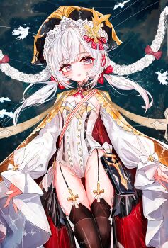 1girl a1u absurdres azur_lane black_thighhighs breasts commentary flandre_(azur_lane) grey_eyes groin hat highres leotard long_hair long_sleeves looking_at_viewer low_twintails open_mouth revision small_breasts solo thighhighs twintails white_hair white_leotard