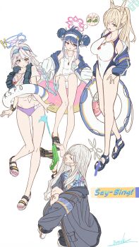 4girls :d absurdres ahoge animal_ear_fluff animal_ears bikini bikini_under_clothes bikini_visible_through_clothes black_footwear blonde_hair blue_archive blue_eyes blue_hair blue_halo blue_jacket breasts collared_shirt competition_swimsuit crocs dog_ears dog_girl donut_innertube double_bun floral_print_shirt fubuki_(blue_archive) fubuki_(swimsuit)_(blue_archive) full_body goggles goggles_on_head gradient_hair grey_hair grey_halo grey_jacket gun hair_bun hair_over_one_eye halo hawaiian_shirt highres holding holding_gun holding_weapon innertube jacket kanna_(blue_archive) kanna_(swimsuit)_(blue_archive) kirino_(blue_archive) kirino_(swimsuit)_(blue_archive) konoka_(blue_archive) long_hair long_sleeves mask mouth_mask multicolored_hair multiple_girls official_alternate_costume one-piece_swimsuit open_clothes open_jacket open_mouth pink_eyes pink_halo sandals school_swimsuit see-through_clothes see-through_shirt sharp_teeth shirt short_sleeves sidelocks signature simple_background smile speech_bubble swim_ring swimsuit teeth thought_bubble watch water_gun weapon whistle whistle_around_neck white_background white_one-piece_swimsuit white_shirt wristwatch yatsuka_(846)