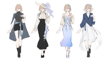 1girl alternate_costume aponia artist_collaboration black_coat black_dress black_skirt blonde_hair blue_dress blue_eyes coat coat_on_shoulders commentary dress english_commentary hair_between_eyes hair_ornament hand_up hat highres honkai_(series) honkai_impact_3rd long_skirt looking_at_viewer medium_hair multiple_views reference_sheet sang_sha simple_background sketch skirt veil white_background white_hat white_skirt white_veil zelian