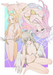 Rule 34 | 3girls, absurdres, alternate costume, angel wings, animal ear fluff, animal ears, bare arms, bare legs, bare shoulders, barefoot, bikini, blonde hair, blue archive, blush, breasts, brown eyes, cleavage, closed mouth, collarbone, extra ears, feathered wings, flower, fox ears, gold bikini, groin, hair bun, hair flower, hair ornament, halo, highres, large breasts, light brown hair, long hair, medium breasts, mika (blue archive), multiple girls, naga-agan, nagisa (blue archive), navel, nipple slip, nipples, pink flower, pink hair, pink halo, seia (blue archive), simple background, single side bun, sitting, small breasts, swimsuit, tea party (blue archive), topless, white flower, white wings, wings, yellow halo