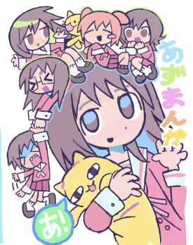 Rule 34 | <o> <o>, azumanga daioh's school uniform, azumanga daiou, brown eyes, brown hair, cat, chibi, chibi inset, copyright name, holding, holding stuffed toy, kagura (azumanga daioh), kaori (azumanga daioh), kasuga ayumu, melps, mihama chiyo, mihama chiyo's father, mizuhara koyomi, pink serafuku, pink shirt, sailor collar, sakaki (azumanga daioh), school uniform, serafuku, shirt, stuffed toy, white sailor collar