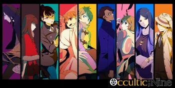 :o ahoge aikawa_miyuu animal_ear_hood ascot black_boots black_eyes black_gloves black_hair black_hairband black_jacket black_pants blue_jacket blue_necktie blue_pantyhose blunt_bangs boots bow bracelet breasts brown_coat brown_eyes brown_gloves brown_hair brown_jacket buttons capelet capelet_bow check_clothing closed_eyes clothing_request coat collared_shirt copyright_name double-breasted dress_bow dress_shirt earrings everyone expressionless eye_of_providence fake_animal_ears fedora fur-trimmed_capelet fur_trim gamon_yuuta glasses gloves gold_necklace green_eyes green_hair grey_eyes grey_neckerchief hair_ornament hairband hairclip hashigami_sarai hat headband heart heart_button heart_hair_ornament high-waist_skirt high_ponytail highres hiwomushi holding holding_pen hood hood_down hooded_jacket huge_breasts impossible_clothes jacket jewelry knee_boots kurenaino_aria kusakabe_kiryuu leather leather_jacket long_hair long_sleeves looking_at_viewer looking_to_the_side medium_breasts medium_hair miniskirt moritsuka_shun multicolored_coat narusawa_ryouka neckerchief necklace necktie nishizono_ririka occultic;nine one_eye_covered open_clothes open_coat open_mouth pants pantyhose parted_lips pen pink_jacket pink_shirt pink_skirt ponytail purple_capelet purple_headband purple_sweater red_capelet science_adventure shirt short_hair single_earring skirt smile suit_jacket sumikaze_touko sweater teeth thighhighs thighs tongue white_coat white_shirt white_thighhighs yellow_ascot yellow_coat yellow_hood