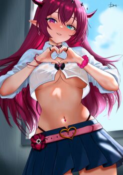 1girl absurdres belt blue_eyes blue_skirt breasts buckle collared_shirt cropped_shirt dfswift heart heart-shaped_buckle heart_hands hetero highres hololive hololive_english horns indoors irys_(hololive) large_breasts long_hair miniskirt navel_piercing piercing pink_belt pleated_skirt pointy_ears purple_eyes purple_hair purple_horns scrunchie shirt skirt solo underboob virtual_youtuber white_shirt window wrist_scrunchie