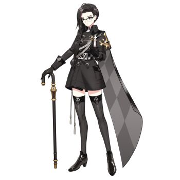 1girl absurdres adela_gro artist_request black-framed_eyewear black_gloves black_hair black_shoes black_survival braid braided_ponytail cane cape chess_piece eternal_return:_black_survival front_ponytail glasses gloves grey_eyes highres holding holding_chess_piece official_art shoes solo standing thighhighs third-party_source transparent_background