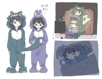2girls animal_costume bang_dream! bang_dream!_it&#039;s_mygo!!!!! black_hair blush brown_hair commentary_request couch cuddling food green_eyes green_sleeves highres kuang_quanshui mole mole_under_eye multiple_girls onesie open_mouth popcorn purple_eyes purple_slippers rabbit_costume shiina_taki slippers stuffed_animal stuffed_panda stuffed_toy sweat translation_request under_covers watching_television wolf_costume yahata_umiri yuri