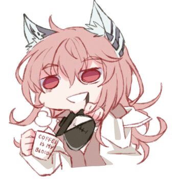 1girl animal_ears bags_under_eyes cat_ears chinese_clothes coffee coffee_mug coffee_pot cup english_text eyes_visible_through_hair female_focus girls'_frontline lab_coat mug persica_(girls'_frontline) pink_hair red_eyes solo yuutama2804