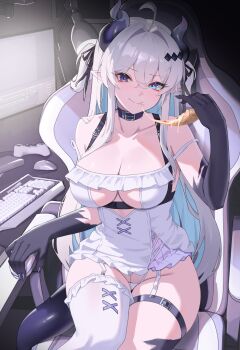 1girl ahoge asymmetrical_horns bare_shoulders belt belt_collar black_horns black_ribbon blue_eyes blue_hair breasts chair cheese cheese_trail chest_harness cleavage cleavage_cutout closed_mouth clothing_cutout collar collarbone colored_extremities colored_inner_hair commentary computer_keyboard computer_mouse controller desk_lamp diamond_(shape) diamond_hair_ornament dragon_girl dragon_horns dragon_tail dress eating english_commentary fang fingernails food frilled_dress frilled_thighhighs frills game_controller gaming_chair groin hair_between_eyes hair_intakes hair_ornament hair_ribbon hand_rest hand_up harness heterochromia highleg highleg_panties highres holding holding_food holding_pizza horns indie_virtual_youtuber indoors lamp large_breasts long_fingernails long_hair looking_at_viewer mismatched_horns monitor multicolored_hair nvl panties pizza pointy_ears purple_eyes purple_nails ribbon second-party_source sidelighting single_thighhigh skin_fang smile solo strap_slip swivel_chair tail thigh_belt thigh_strap thighhighs two-tone_dress two_side_up underboob underwear vaipyre_(vtuber) very_long_hair virtual_youtuber white_dress white_hair white_panties white_thighhighs