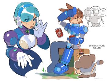 1boy 1girl 1other android black_gloves blue_eyes blue_hair bodysuit box breasts brown_hair can cardboard_box cleavage cropped_legs data_(mega_man) dr_pepper drink_can eyes_visible_through_hair full_body gloves grass green_eyes hand_on_own_face headphones headset highres joints linesharkart luna_(mega_man) mega_man_(series) mega_man_legends_(series) mega_man_maverick_hunter_x mega_man_volnutt mega_man_x_(series) microphone monkey navigator_(mega_man) robot robot_joints sitting soda_can soil sweatdrop white_gloves