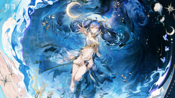 1girl ancient_greek_clothes armlet bare_legs bare_shoulders blue_eyes blue_hair breasts character_name closed_mouth crescent english_text gladiator_sandals gold_bra greco-roman_clothes highres iuno_(wuthering_waves) jewelry laurel_crown legs logo long_hair looking_at_viewer medium_breasts official_art outstretched_arm sandals solo thighlet thighs toes twintails very_long_hair wuthering_waves