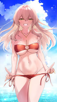 1girl bandeau bikini bikini_pull blue_sky breasts brown_hair cleavage clothes_pull cloud collarbone day grin hair_between_eyes highres idolmaster idolmaster_cinderella_girls jewelry jougasaki_mika large_breasts layered_bikini long_hair looking_at_viewer mk_(mod0) navel necklace outdoors pubic_hair pubic_hair_peek red_bikini sidelocks sky smile solo standing swimsuit teeth water_drop white_bikini yellow_eyes
