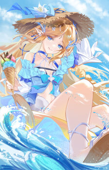 1girl absurdres alternate_costume arm_up bare_shoulders blonde_hair blue_bow blue_eyes blue_sky bow breasts cartethyia_(wuthering_waves) chinese_commentary closed_mouth commentary_request day earrings food hair_ornament hat hat_bow highres holding holding_food holding_ice_cream hundun_hdun ice_cream innertube jewelry long_hair looking_at_viewer multiple_earrings outdoors parted_bangs pointy_ears sidelocks sky small_breasts smile solo straw_hat swim_ring tacet_mark_(wuthering_waves) wuthering_waves