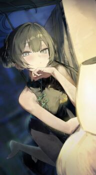 1girl black_dress black_hair blue_archive blush breasts china_dress chinese_clothes commentary_request double_bun dress grey_eyes hair_bun hair_ornament halo kisaki_(blue_archive) menome111 sleeveless small_breasts solo