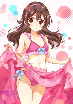 1girl bare_arms bare_legs bikini breasts brown_hair cleavage closed_mouth collarbone commentary_request cowboy_shot floating_hair fortissimo frilled_bikini frills hair_between_eyes hair_ornament highres hotaka_maho kimi_to_idol_precure long_hair looking_at_viewer musical_note musical_note_hair_ornament navel pink_bikini pink_hair precure red_eyes sakura_uta_(precure) sarong skirt_hold small_breasts smile solo standing swimsuit