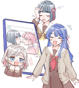 3girls :d ahoge anyoji_hime blue_eyes blue_hair blush braid ceras_yanagida_lilienfeld closed_eyes commentary detached_ahoge embarrassed flower flower_knot flying_sweatdrops food grey_hair hair_flower hair_intakes hair_ornament hair_ribbon half_up_braid half_updo hand_on_own_head highres hood hood_down hooded_jacket jacket link!_like!_love_live! lone_nape_hair love_live! momose_ginko multi-tied_hair multiple_girls murano_sayaka notice_lines open_mouth pink_hair pink_jacket pink_ribbon pocky pocky_kiss ponytail ribbon shared_food sidelocks simple_background smile sparkle symbol-only_commentary virtual_youtuber white_background white_flower yuri zangemiya