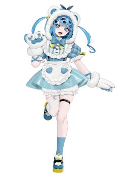 Rule 34 | 1girl, absurdres, animal ears, animal hair ornament, animal hands, asymmetrical legwear, bear ears, bear girl, bebe (bebe pp), black bow, blue bow, blue bowtie, blue eyes, blue hair, blue shoes, blue socks, bow, bowtie, commentary request, highres, indie virtual youtuber, second-party source, shoes, socks, solo, thigh strap, thighhighs, virtual youtuber, white thighhighs, yellow bow, yushiro pirika