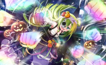 1girl alina_gray alina_gray_(halloween_ver.) aqua_eyes artist_request bandaged_chest bandaged_head bandages belt belt_buckle belt_collar black_belt black_corset black_skirt blunt_ends buckle castle chain chain_belt chest_jewel cloud coffin collar corset dot_nose emphasis_lines floating_hair flower full_body full_moon game_cg gem ghost_tail gold_buttons gold_chain green_gemstone green_hair hair_flower hair_ornament hair_rings half_mask halloween happy highres jack-o&#039;-lantern leash light_blush light_particles long_hair looking_at_viewer magic mahou_shoujo_madoka_magica mahou_shoujo_madoka_magica_magia_exedra marigold mask medium_skirt moon night official_alternate_costume official_art open_mouth orange_flower outdoors punching rainbow raised_inner_eyebrows red_flower shoulder_belt single_hair_ring skirt skull_mask smile solo sparkle town tsurime very_long_hair white_mask yellow_flower