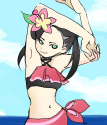Rule 34 | 1girl, aqua eyes, armpits, arms up, artist request, asymmetrical bangs, beach, bikini, black hair, breasts, child, clenched hands, collarbone, creatures (company), day, eyelashes, female focus, flexing, flower, flower on head, game freak, hair ornament, halterneck, happy, highres, long hair, looking at viewer, marnie (pokemon), marnie (summer 2021) (pokemon), midriff, navel, neck, nintendo, official alternate costume, outdoors, pink bikini, pink sarong, pokemon, pokemon masters ex, pokemon swsh, sarong, sky, small breasts, smile, standing, summer, swimsuit, traditional media, twintails, two-tone bikini, undercut