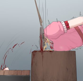 1girl absurdres axe blonde_hair blood breast_press breasts commission death decapitation dress execution grey_sky guro highres ju_ge original outdoors pink_dress princess puffy_short_sleeves puffy_sleeves short_sleeves sky solo trembling