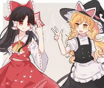 2girls apron ascot black_hat black_skirt black_vest blonde_hair bow braid broom brown_eyes brown_hair chinese_commentary closed_mouth commentary_request detached_sleeves eye_contact frilled_bow frilled_hair_tubes frills hair_bow hair_tubes hakurei_reimu hat hat_with_ears holding holding_ofuda kirisame_marisa long_hair looking_at_another multiple_girls nizi_nnz official_alternate_costume ofuda open_mouth paw_print paw_print_pattern puffy_short_sleeves puffy_sleeves red_bow red_eyes red_skirt ribbon-trimmed_sleeves ribbon_trim short_sleeves side_braid single_braid skirt skirt_set smile touhou unfinished_dream_of_all_living_ghost vest w white_apron witch_hat yellow_ascot