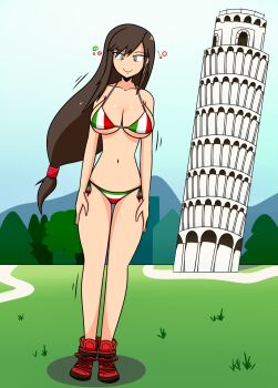 1girl 20s arms_at_sides bikini blue_sky boots breasts brown_hair building cleavage collarbone day earrings female_focus final_fantasy final_fantasy_vii final_fantasy_vii_remake flag_print flag_print_bikini full_body grass green_eyes hair_over_one_eye highres hypnosis italian_flag italian_flag_bikini italian_flag_print italian_senate_porn_livestream_(meme) jewelry large_breasts leaning leaning_to_the_side leaning_tower_of_pisa long_hair looking_at_viewer low-tied_long_hair meme micro_bikini midriff mind_control mountain multicolored_eyes navel outdoors print_bikini red_boots red_eyes ringed_eyes shadow side-tie_bikini_bottom sky smile solo sortish-kinda square_enix standing straight_hair swimsuit tifa_lockhart tower tree underboob very_long_hair white_eyes