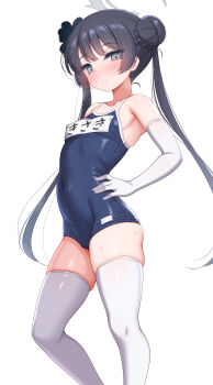 1girl absurdres black_hair blue_archive blue_one-piece_swimsuit breasts butterfly_hair_ornament character_name closed_mouth collarbone commentary_request competition_school_swimsuit covered_navel double_bun elbow_gloves feet_out_of_frame gloves grey_eyes grey_halo hair_bun hair_ornament halo hand_on_own_hip highres kisaki_(blue_archive) long_hair looking_at_viewer one-piece_swimsuit school_swimsuit simple_background skindentation small_breasts solo standing swimsuit thighhighs twintails very_long_hair white_background white_gloves white_thighhighs zirba