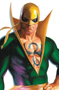 1boy absurdres alex_ross aqua_eyes bandana bodysuit chest_tattoo comic_cover cover cover_page danny_rand green_bodysuit hand_on_own_hip highres iron_fist_(marvel) looking_at_viewer male_focus marvel muscular muscular_male official_art one_eye_in_shadow pectoral_cleavage pectorals plunging_neckline realistic sash scar scar_on_chest solo superhero_costume tattoo western_comics_(style) white_background yellow_bandana yellow_sash