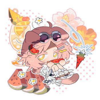 Rule 34 | 1girl, animal ears, arknights, bow, cat ears, cat girl, cat tail, chibi, chibi only, cocktail glass, cup, drinking glass, eating, eyewear on head, floppy ears, flower, food-themed hair ornament, goldenglow (arknights), goldenglow (summer flowers) (arknights), hair ornament, halftone, help097, looking at viewer, official alternate costume, pink hair, purple-tinted eyewear, scottish fold, sitting, solo, tail, tinted eyewear, watermelon hair ornament, white background, yellow eyes