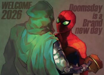 2boys animal_print armor blue_bodysuit bodysuit cape crossover doctor_doom fantastic_four gloves green_hood hood male_focus marvel mask metal_mask multicolored_bodysuit multiple_boys print_bodysuit red_bodysuit redcokk spider-man spider-man_(series) spider_print spider_web_print superhero_costume two-tone_bodysuit