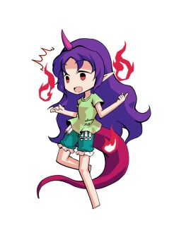 Rule 34 | 1girl, barefoot, breasts, chibi, chibi only, commentary request, dairi, full body, green shirt, green shorts, horns, large variant set, long hair, pink horns, purple hair, red eyes, red tail, shirt, shorts, simple background, single horn, solo, tachi-e, tenkajin chiyari, test tube, touhou, transparent background, variant set, very long hair