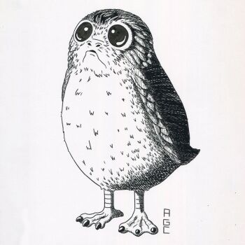 Rule 34 | adriangcornejo, bird, full body, greyscale, initial, monochrome, no humans, porg, simple background, solo, star wars, star wars: the last jedi, white background