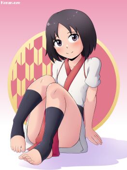 Rule 34 | 1girl, artist name, black hair, black socks, closed mouth, embarrassed, female focus, flat chest, full body, gradient background, japanese clothes, kibushi (kunoichi tsubaki no mune no uchi), kimono, konan exe, kunoichi tsubaki no mune no uchi, medium hair, petite, pink background, purple eyes, red kimono, short sleeves, simple background, sitting, smile, socks, solo, stirrup legwear, toeless legwear, toes, two-tone kimono, white background, white kimono, yellow background