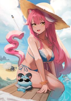 1girl absurdres animal_ears animal_print bikini blue_sky breasts chattino_(raora_panthera) cloud creature day fang hat highres hololive hololive_english jetpack katsu_(katsuslider) large_breasts leopard_print leopard_print_bikini outdoors panther_ears panther_girl panther_tail pink_hair print_bikini raora_panthera skin_fang sky soaking_feet straw_hat sun_hat swimsuit tail virtual_youtuber water yellow_eyes