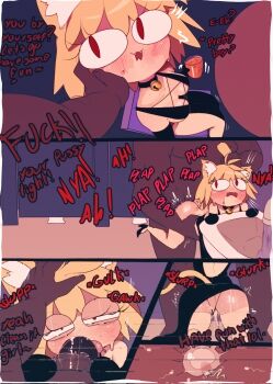 1boy 1girl absurdres animal_ear_fluff animal_ears bathroom blonde_hair blush breasts cat_ears cat_girl cat_tail commentary cum cum_in_pussy dark-skinned_male dark_skin english_commentary english_text fang fellatio fertilization hetero highres impregnation interracial irrumatio medium_breasts melty_blood neco-arc open_mouth oral ovum penis pussy red_eyes sex short_hair sperm_cell tail tsukihime vaginal weeze