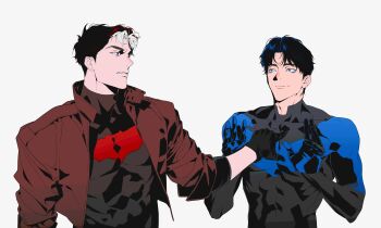 absurdres bat_signal batman_(series) batman_symbol black_bodysuit black_gloves black_hair blue_eyes bodysuit brothers brown_jacket dc_comics dick_grayson gloves grey_bodysuit highres ihearsunspot jacket jason_todd male_focus multicolored_bodysuit multicolored_hair multiple_boys muscular muscular_male nightwing open_clothes red_hood_(dc) red_hood_and_the_outlaws short_hair siblings superhero_costume taut_bodysuit two-tone_bodysuit