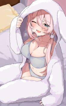 1girl anmi_ilust bra clothing_request one_eye_closed original panties pink_hair sleeves_past_wrists solo sweat underwear