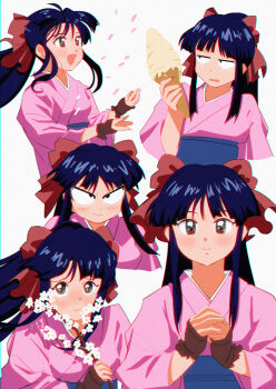 1girl absurdres annoyed blue_hair blush bow brown_eyes cherry_blossoms constricted_pupils fingerless_gloves gloves hair_ribbon half-closed_eyes highres japanese_clothes legs long_hair looking_at_viewer multiple_expressions open_mouth own_hands_together ponytail red_bow ribbon sakura_taisen scene_reference sega shinguuji_sakura smile solo thighs tongue weapon wide-eyed