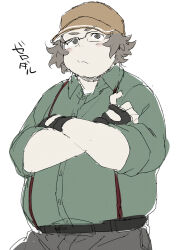 Rule 34 | 1boy, belt, black gloves, brown hat, buttons, closed mouth, collared shirt, fingernails, gloves, green shirt, hashida itaru, hat, looking at viewer, male focus, plump, purasu no konbu, rectangular eyewear, shirt, short hair, simple background, solo, steins;gate, suspenders, translation request, white background